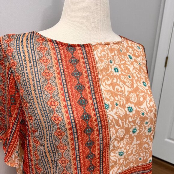 Renee C. Orange Patterned Layered Top Sz M - Picture 2 of 10